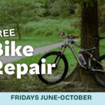 Free bike repair promotion in a park: a mountain bike leans against a tree with large 'FREE Bike Repair' text and a Fridays June–October banner at the bottom.