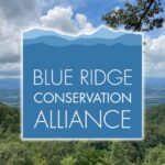 Logo for the Blue Ridge Conservation Alliance (a blue square with white text and the silouette of mountains on the top) against a backdrop of a scenic mountain landscape