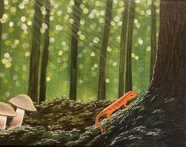 Painting of a salamander and mushrooms on a forest floor with light shining through the canopy.